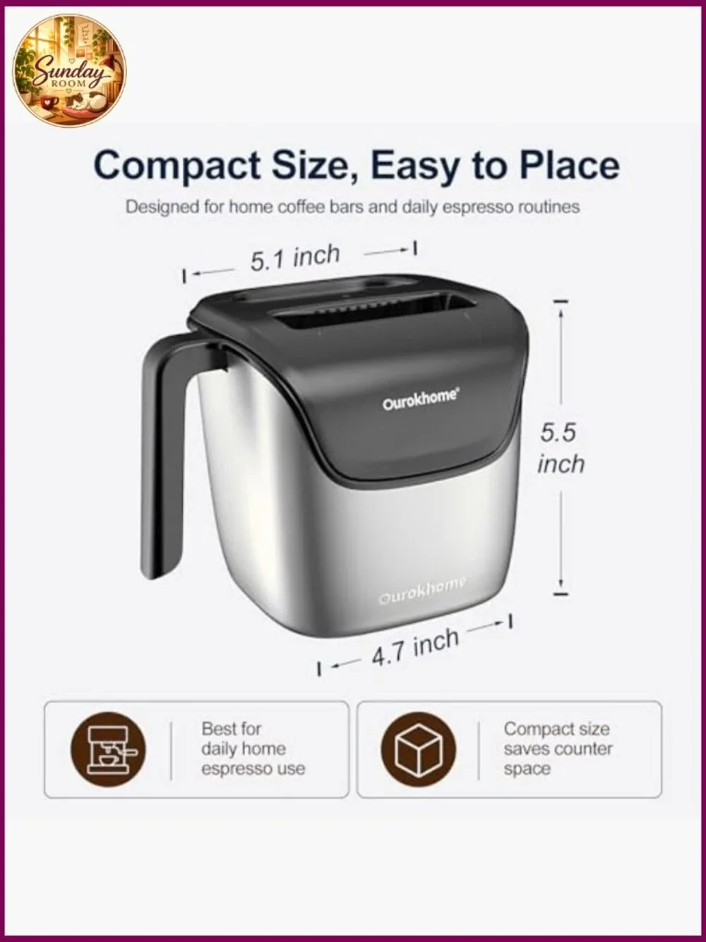 Espresso Knock Box with Lid, Removable Bar, Stainless Steel
